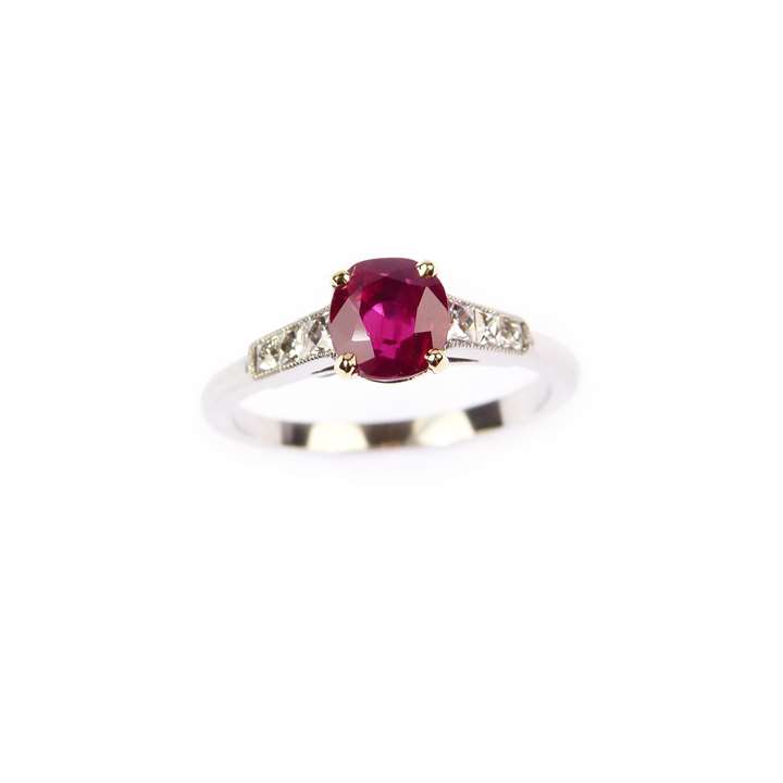 Cushion cut ruby ring, claw set with a 1.310ct Burma stone